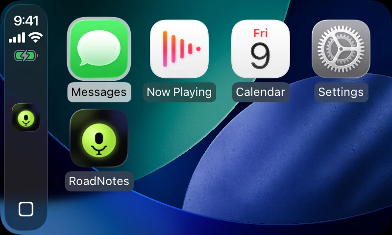 CarPlay home screen with the RoadNotes app icon