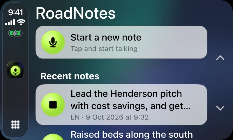 CarPlay list of recent notes with one note playing