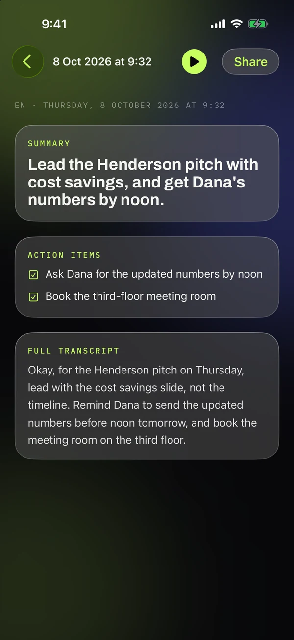 A note on iPhone with a summary, two action items and the full transcript