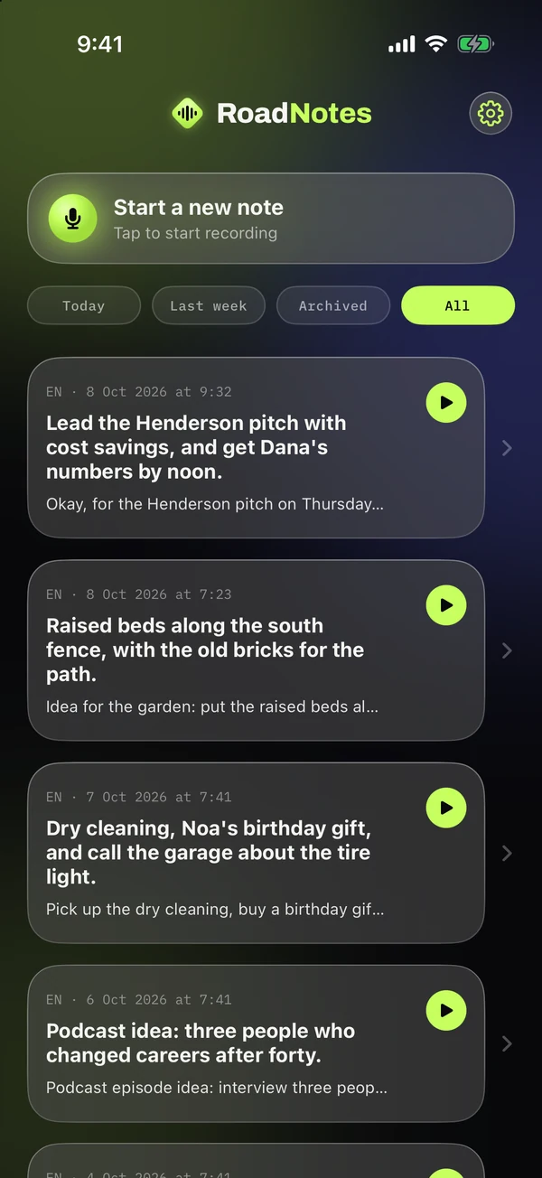 RoadNotes on iPhone showing notes with summaries