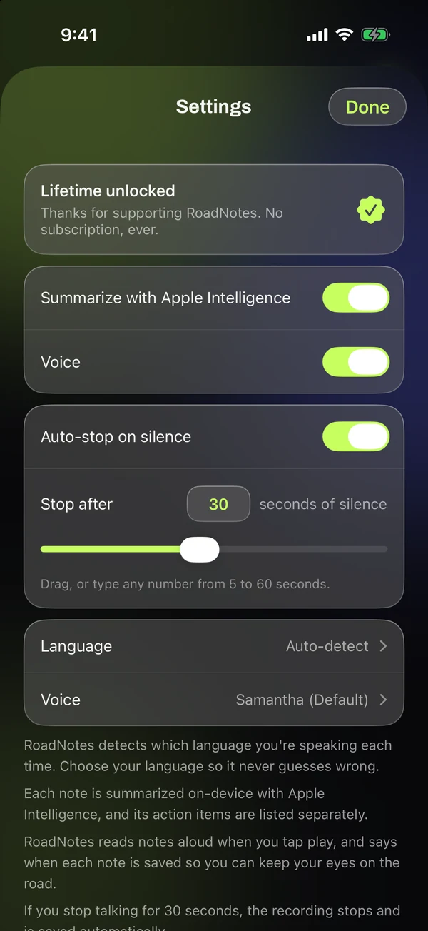 RoadNotes settings with auto-stop and voice options